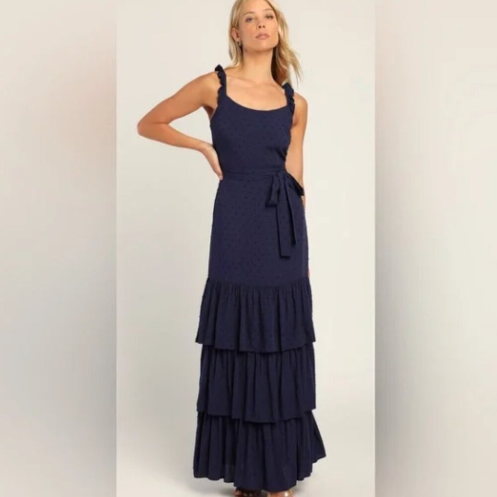 Lulu's Romantic Dreams Navy Blue Ruffled Tiered Swiss Dot Maxi Dress